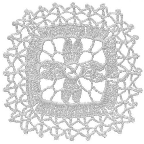 In the middle of the model a cross shape with bifurcated tips is crocheted. After a thick square path around the cross loose clovers are created. The corners are designed as rounded.