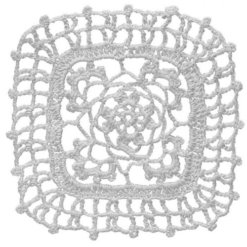 The model is crocheted as a square, with rounded corners and edges that are decorated with clovers. In the central area, a flower with 4 leaves is designed and around the flower a hoop shape is crocheted and the corners of the hoop is decorated with motifs.