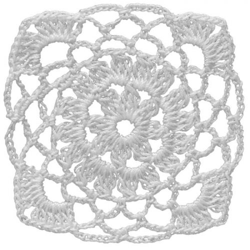 The model is crocheted as square and the corners are rounded. In the midddle of the design, there is a round leitmotif.