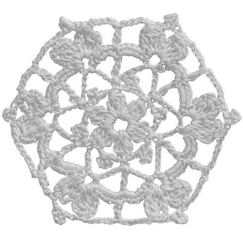 In the central area, a tiny vervain motif is crocheted. The model is crocheted as a hexagon shape. Intersecting edges have clover motifs.