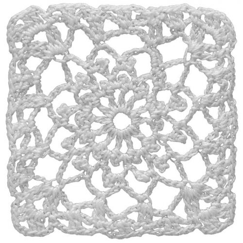 The model is crocheted as square. The central part has the round shape with wavy edges. The corners are rounded.