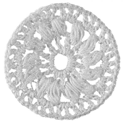 A round shape is designed for this model. Between the middle round part and thick outer edge, dense fillings are crocheted.