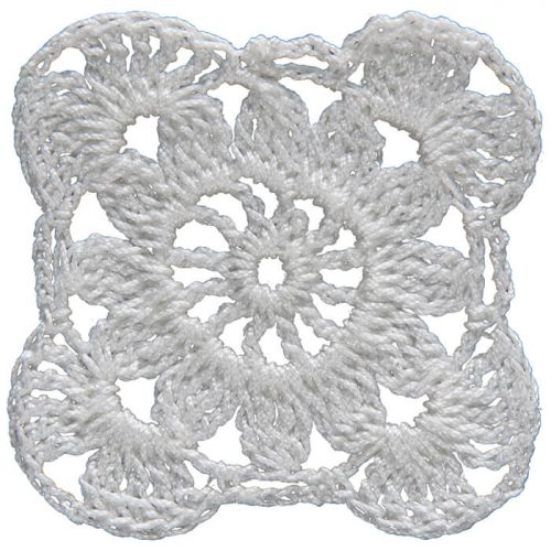 The form is crocheted as square. In the middle part, round shape is designed. The corners are designed as convex.