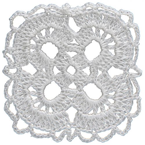 A square design with four half circle corners is crocheted. From the corners to the middle of the edge, there is a slight decline.