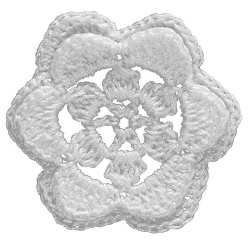 With six leaves and two layered flower model is crocheted. It is formed as round.