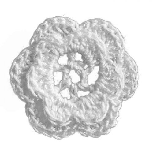 The model is crocheted as a round shape. The edges of the model are crocehted as flower with six leaves. In the middle part, 3D motif is crocheted.