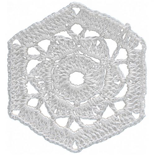 Hexagonal shape is crocheted for the midde part. For the edges of the model thick hexagonal stroke is crocheted.