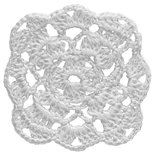 Designed as a round form, four corners and the middle of the edges are all crocheted as the same wavy slices.