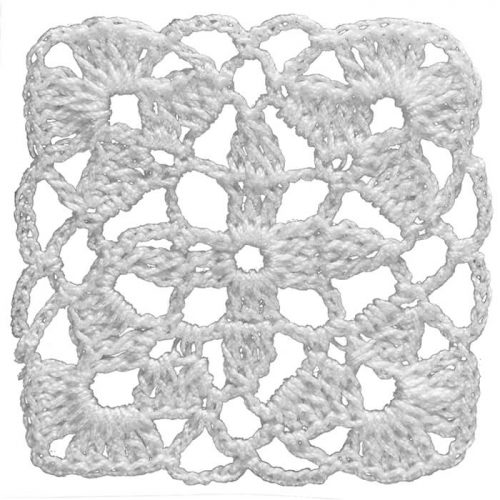 In the middle of the model there is a tiny cross decorative shape. A tick design in the corners is crocheted and the overall shape is designed as square.