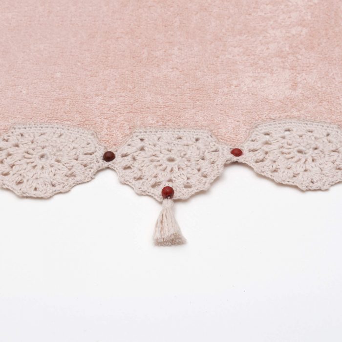 Decorative Crocheted Hand Towel With Matte Jasper Gemstone Beading Crochet Detail Angle Shot