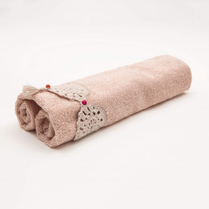 Decorative Crocheted Hand Towel With Matte Jasper Gemstone Beading Rolled Shot