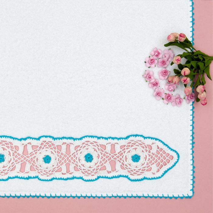Hand Towel With White Crochet Motif and Turquoise Flowers