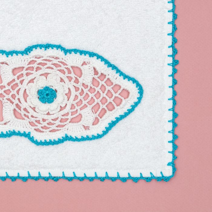 Hand Towel With White Crochet Motif and Turquoise Flowers Corner Shot Detail