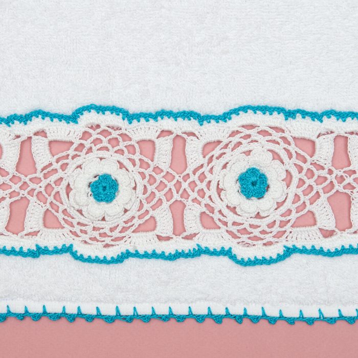 Hand Towel With White Crochet Motif and Turquoise Flowers Drochet Detail Shot