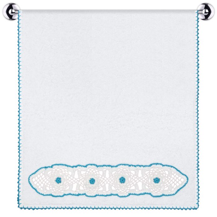 Hand Towel With White Crochet Motif and Turquoise Flowers Main Image