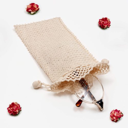 Crochet Drawstring Style Sunglass Pouch With Square Textured Body Shot,