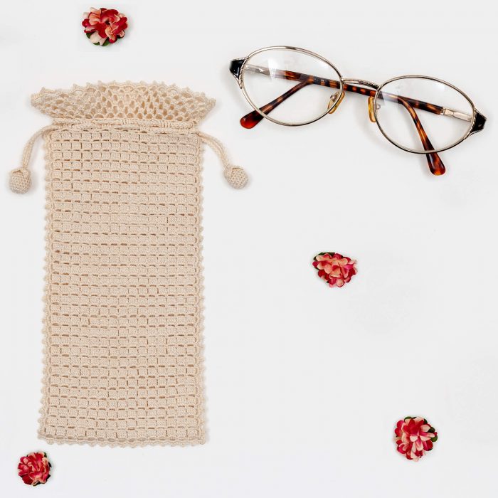 Crochet Drawstring Style Sunglass Pouch With Square Textured Body and Glass