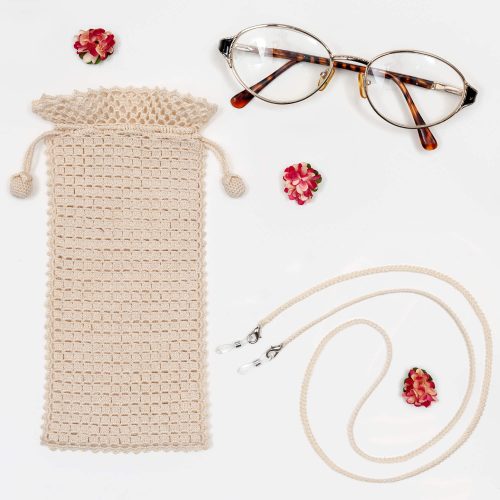 Crochet Drawstring Style Sunglass Pouch With Square Textured Body and Glass Cord Set