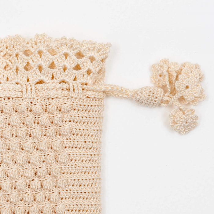 Crochet Eyeglass Pouch With Embossed Crochet Pattern Textured Body Flower Tassel DEetail