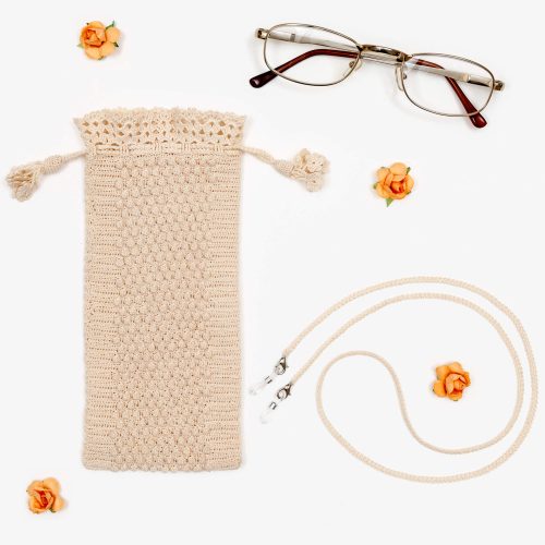 Crochet Eyeglass Pouch With Embossed Crochet Pattern Textured Body and Glass Cord Set