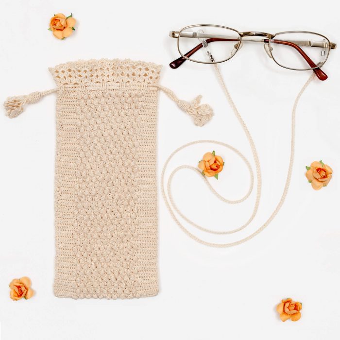 Crochet Eyeglass Pouch With Embossed Crochet Pattern Textured Body and Glass Cord Set Shot,