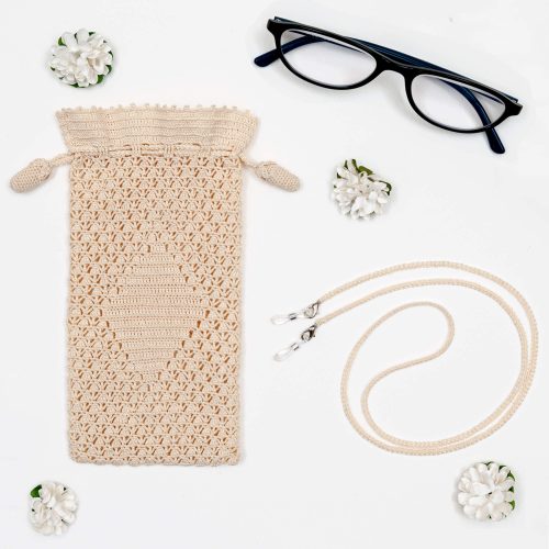 Crochet Eyeglass Pouch With Rhombus Motif Body and Glass Cord Set