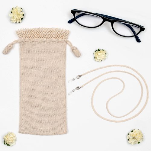 Crochet Eyeglass & Sunglass Pouch With Lace Trim and Glass Strap Set