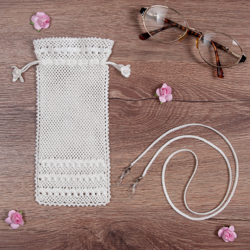 Crochet Soft Case With Flower Tassels and Glass Strap Set