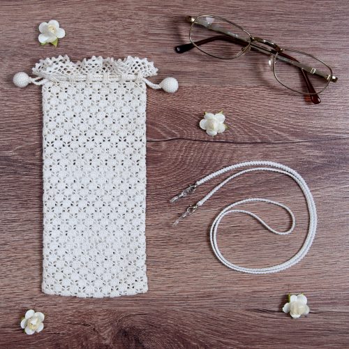 Crochet Soft Case With Round Tassels and Glass Strap Set