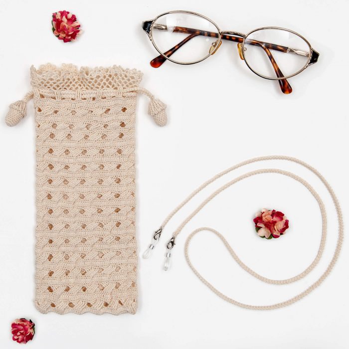 Crochet Soft Drawstring Eyeglass Pouch With Cord Set And Glass