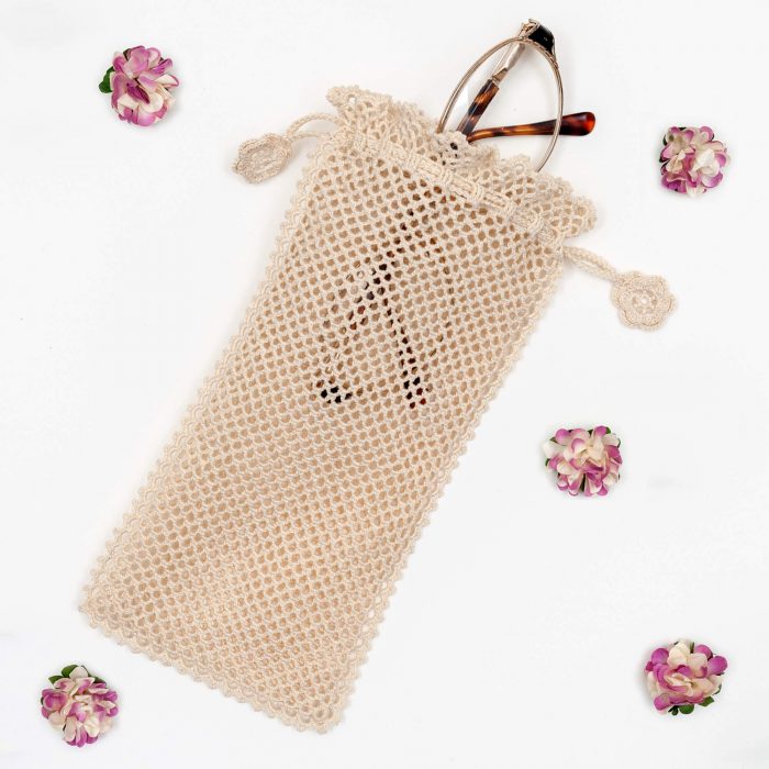 Crochet Soft Drawstring Style Sunglass Pouch With Dotted Textured Glass Inside Shot Variation