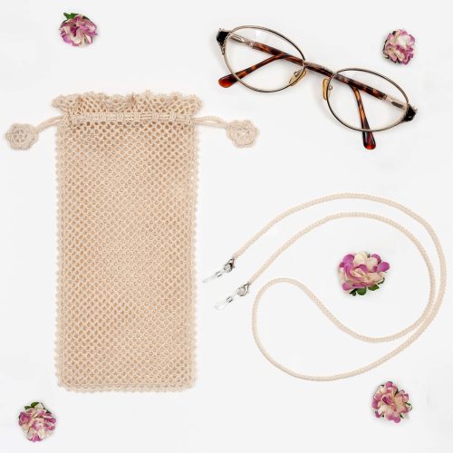 Crochet Soft Drawstring Style Sunglass Pouch With Dotted Textured and Glass Cord Set