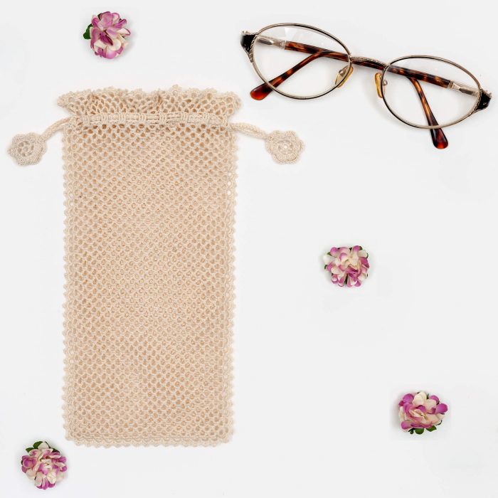 Crochet Soft Drawstring Style Sunglass Pouch With Dotted Textured and Glass Shot