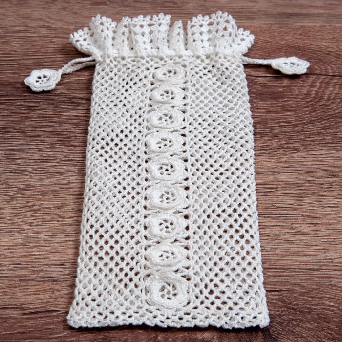 Crochet Soft Pouch With Flower Motifs on The Body Whole Angle Shot