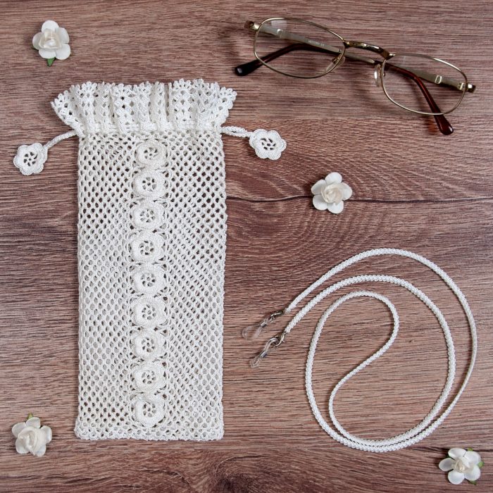 Crochet Soft Pouch With Flower Motifs on The Body and Glass Strap Set