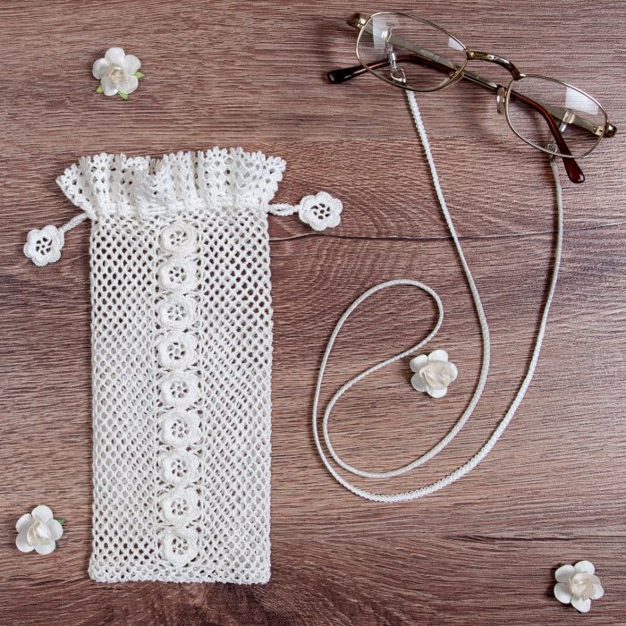 Crochet Soft Pouch With Flower Motifs on The Body and Glass Strap Set Shot