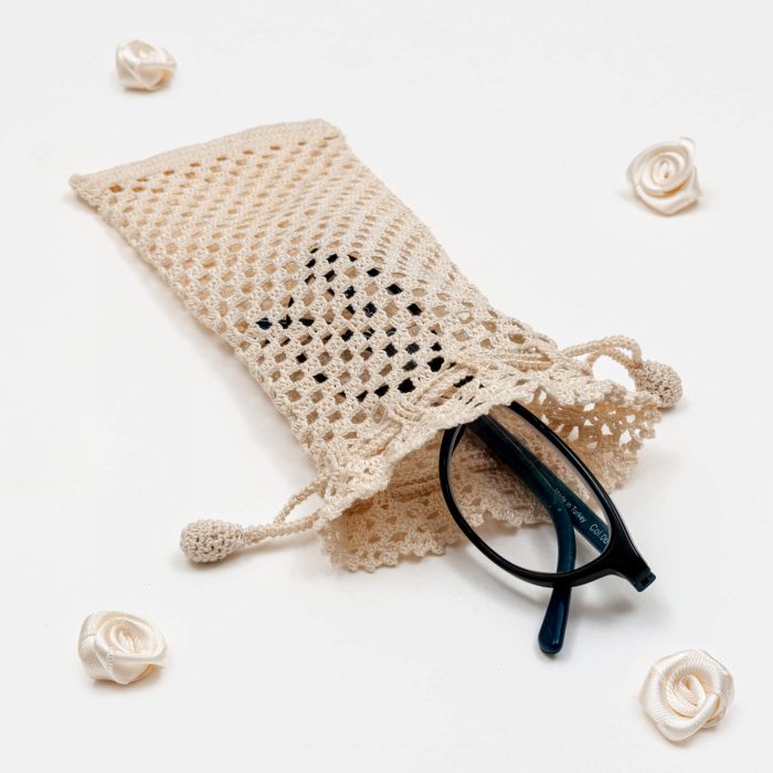Eyeglasses Pouch With Tile Textured Crochet Pattern Body and Glass Cord Set Angle Shot