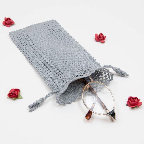 Gray Soft Pouch With Crochet Trimmed Edge Angle Shot