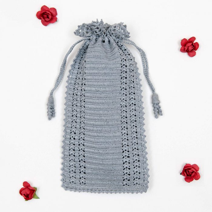 Gray Soft Pouch With Crochet Trimmed Edge Closed Shot