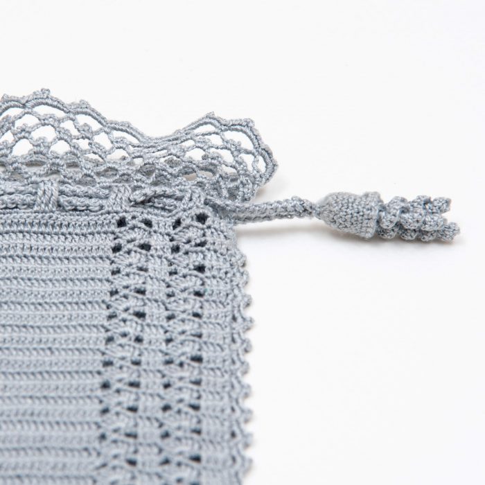 Gray Soft Pouch With Crochet Trimmed Edge Tassel Detail
