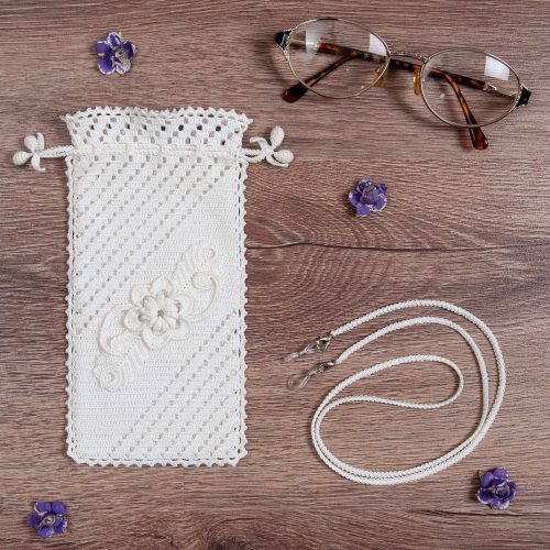 Handmade Crochet Soft Case With 3D flower and Glass Strap Set