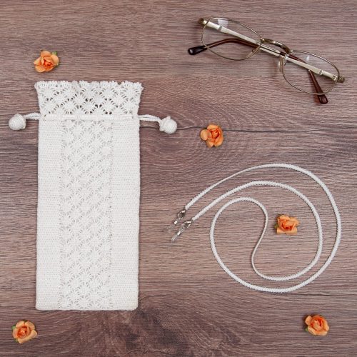 White Crochet Soft Pouch With Textured Waterway Motif and Glass Strap As a Set