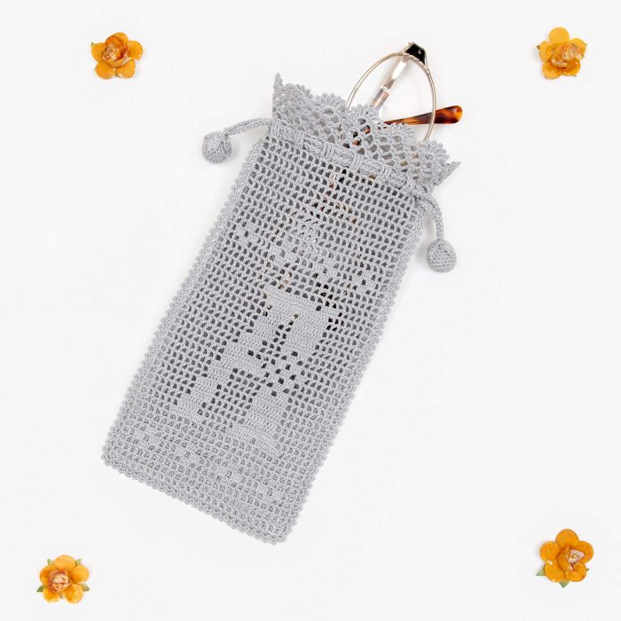Gray Case With Personalized Crochet Monogram Whole Body Shot With Glass
