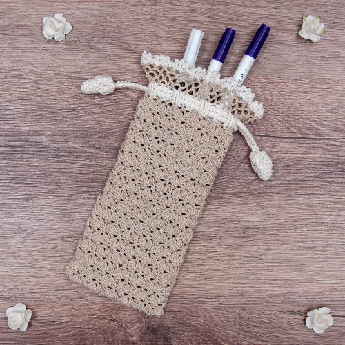 Crochet Case With Handmade Lace Trim Pen Detail Shot