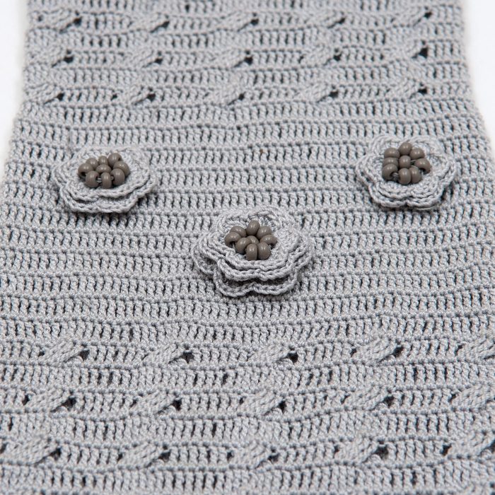 Gray Crochet Case With Tiny Crochet Flowers Small Sand Beads Detail Shot