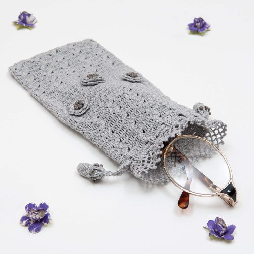 Gray Crochet Case With Tiny Crochet Flowers Small Sand Beads Single Shot