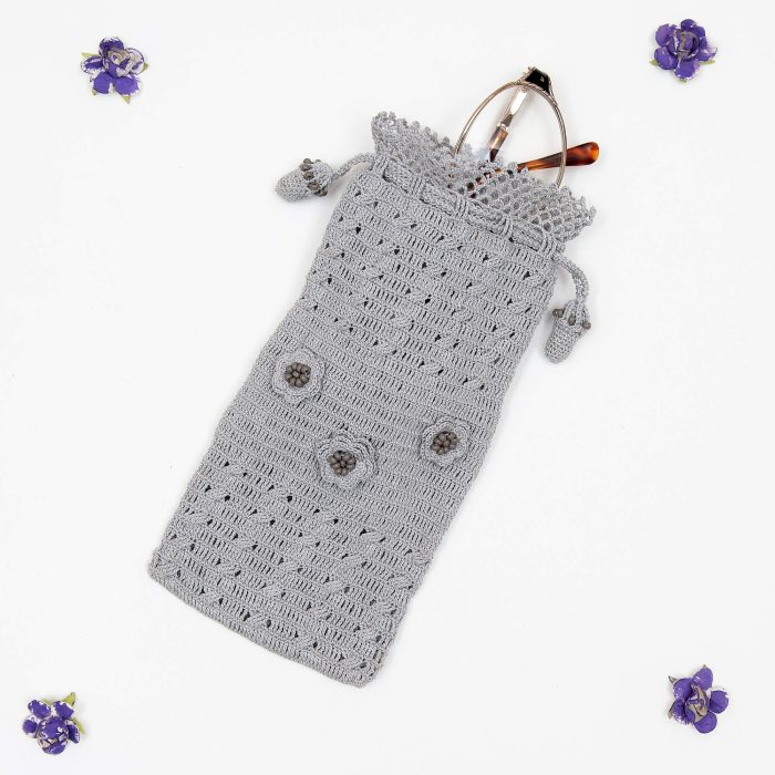 Gray Crochet Case With Tiny Crochet Flowers Small Sand Beads Single Shot With Glass