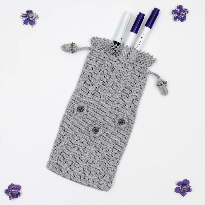 Gray Crochet Case With Tiny Crochet Flowers Small Sand Beads Top Angle Shot