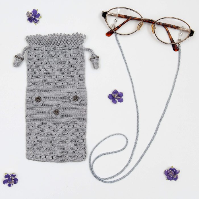 Gray Crochet Case With Tiny Crochet Flowers Small Sand Beads and Eyeglass Cord Set