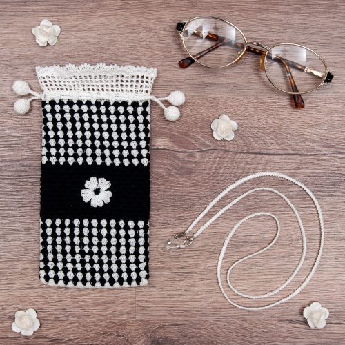 Handmade Crocheted Bicolor With Spotted Textured Case With Tiny Flower And Eyeglass Strap Set